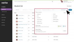 Student list is open. The cursor has clicked and opened the Data options menu where there are table columns that can be selected and added.
